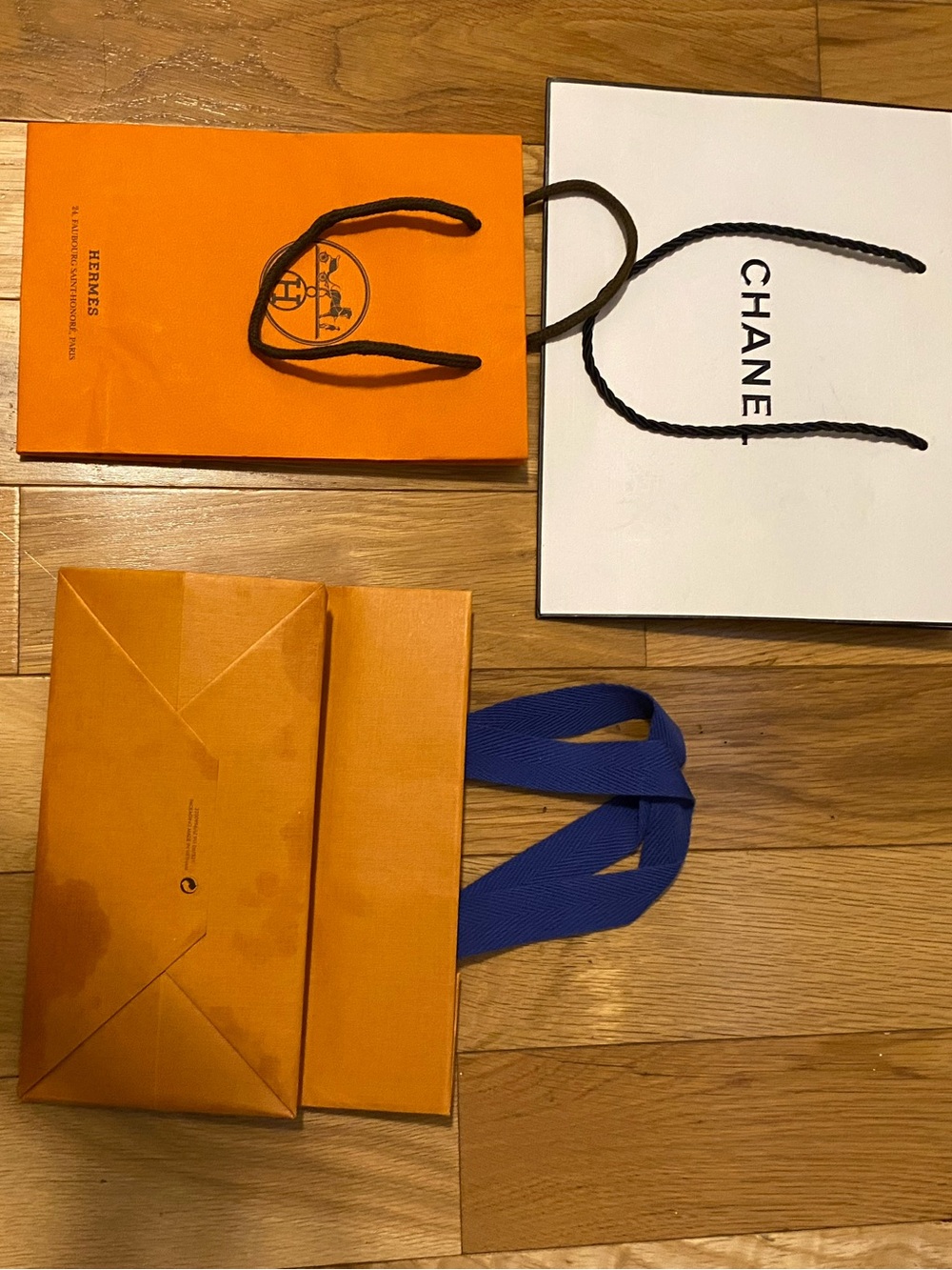 Hermes Orange Shopping Bag with Blue Handles